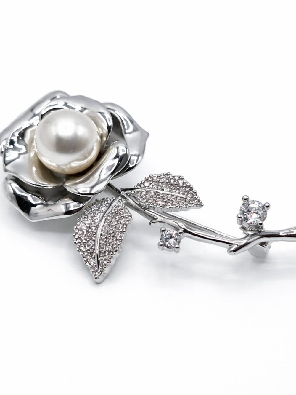 Vintage Silver Tone Large Pearl Clear Glass Crystal Flower Brooch Pin Rhinestone